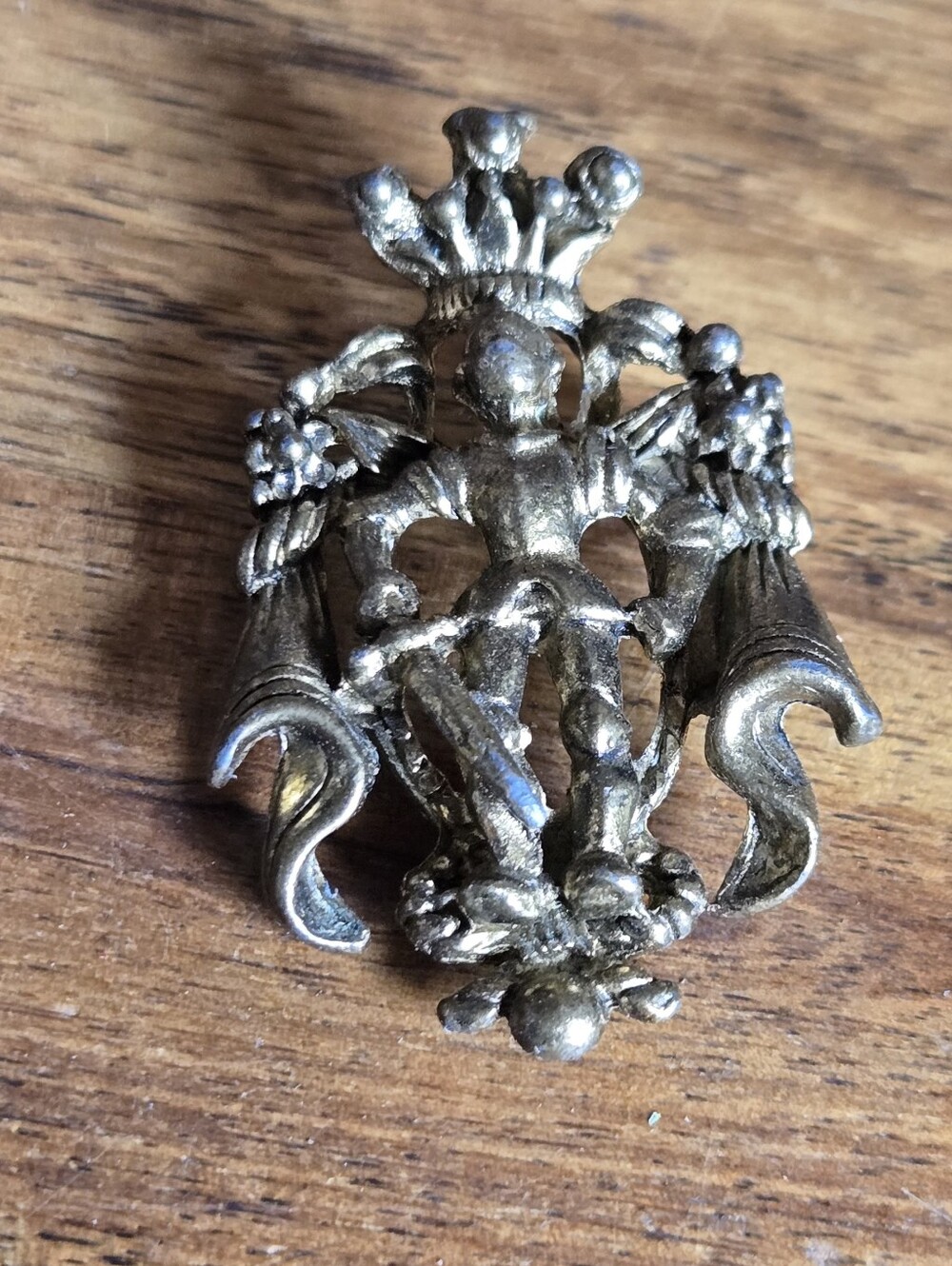 Vintage Ornate Figural Brooch Crowned Figure Silver Tone 2" Renaissance Style